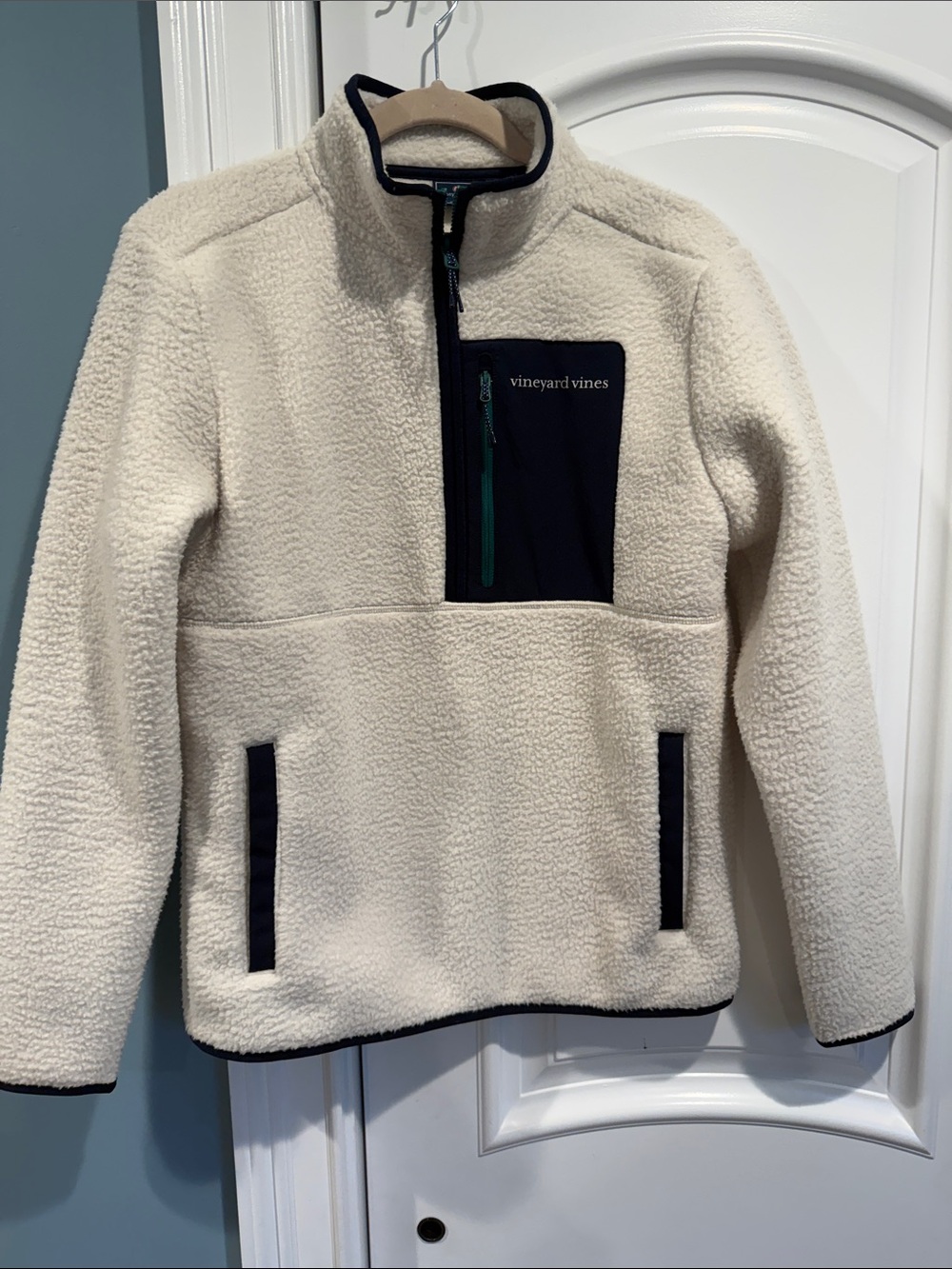 Vineyard Vines Cream Sherpa with Navy Trim and Pink Whale Logo